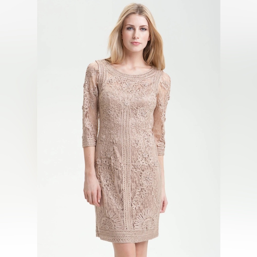 Sue Wong Nocturne Crochet Lace ribbon and rosette mesh sheath Beige dress size 2